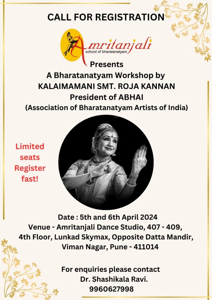 Amritanjali presents Bharatanatyam wokshop By Roja Kannan