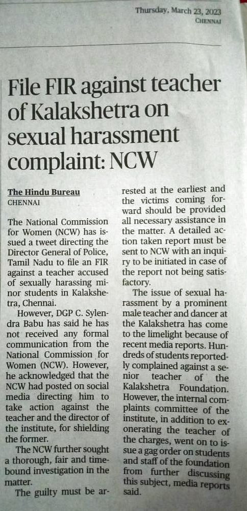 File FIR against teacher of Kalakshetra on sexual harassment compnaint: NCW - The Hindu Bureau