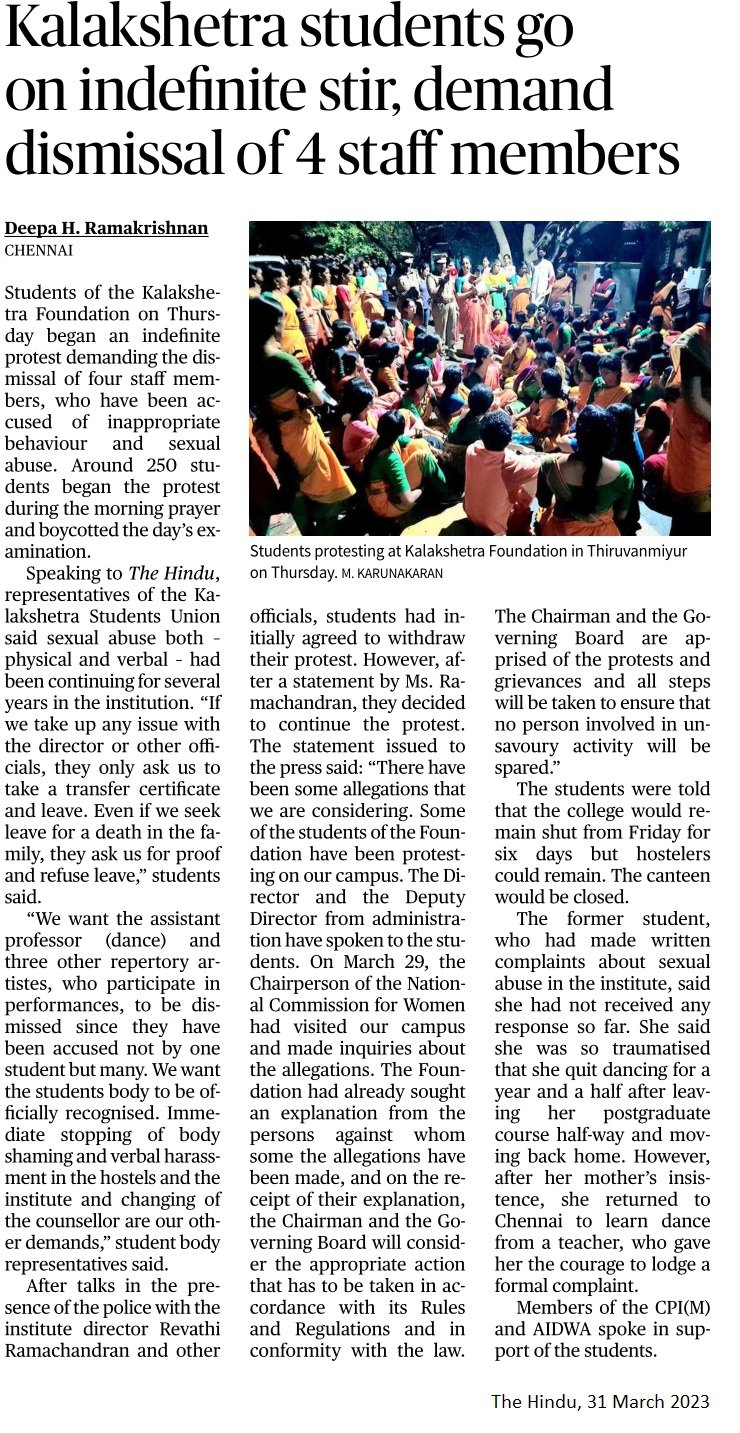 Kalakshetra students go on indefinite stir, demand dismissal of 4 staff members - Deepa H Ramakrishnan