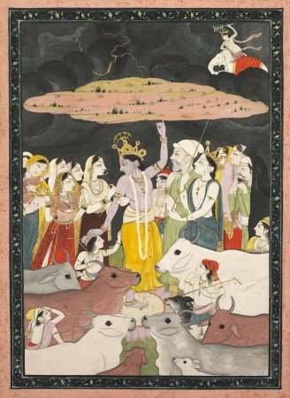 Krishna lifting Mt Govardhan