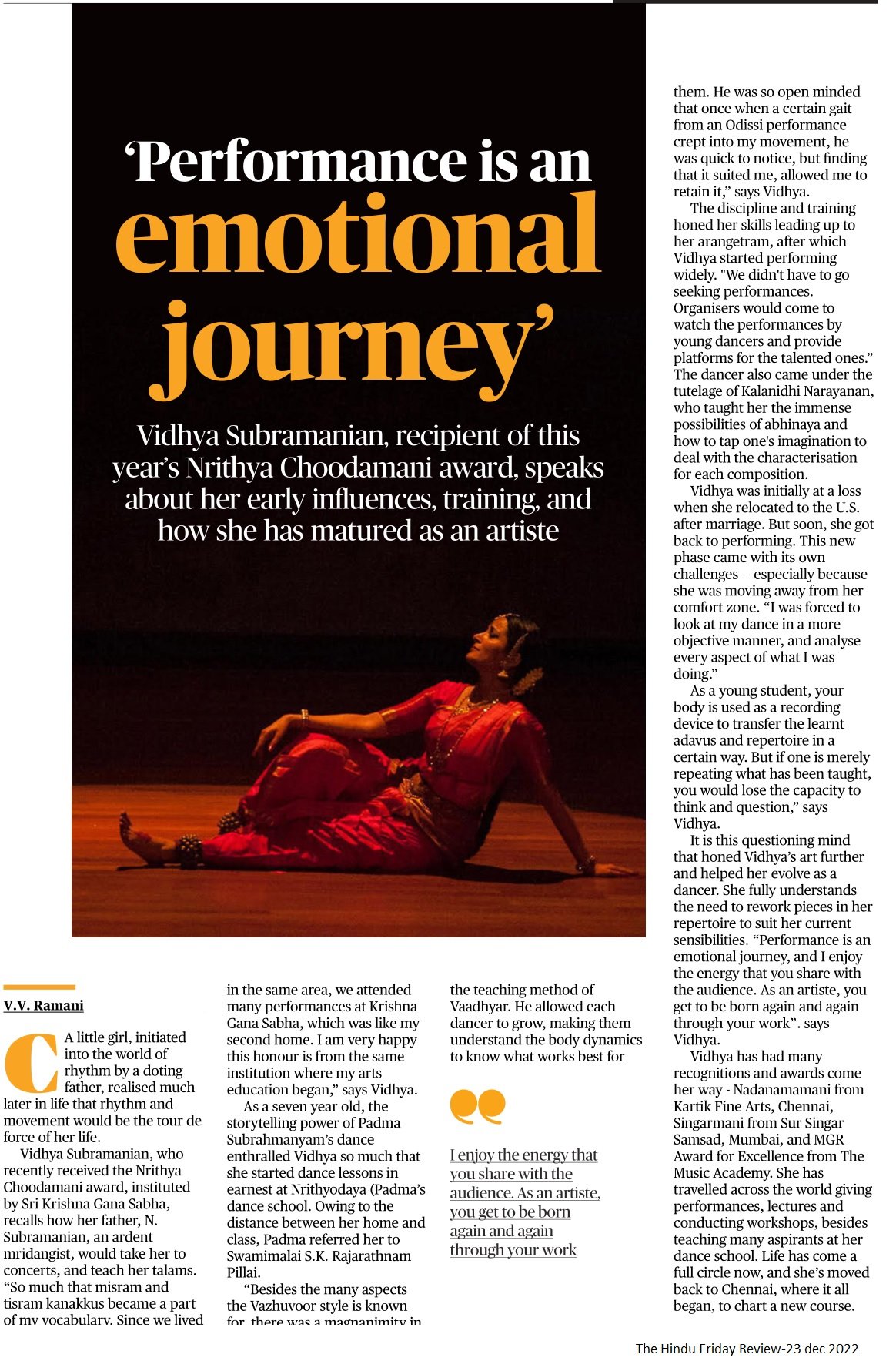 Performance is an emotional journey, says Vidhya Subramanian - V.V. Ramani