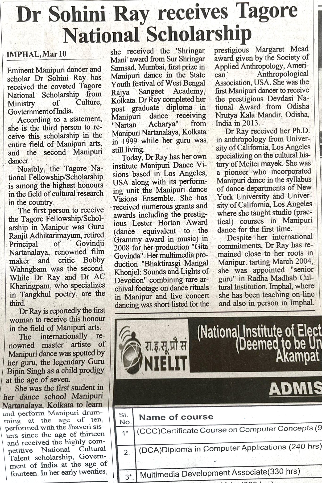 Dr Sohini Ray receives Tagore National Scholarship